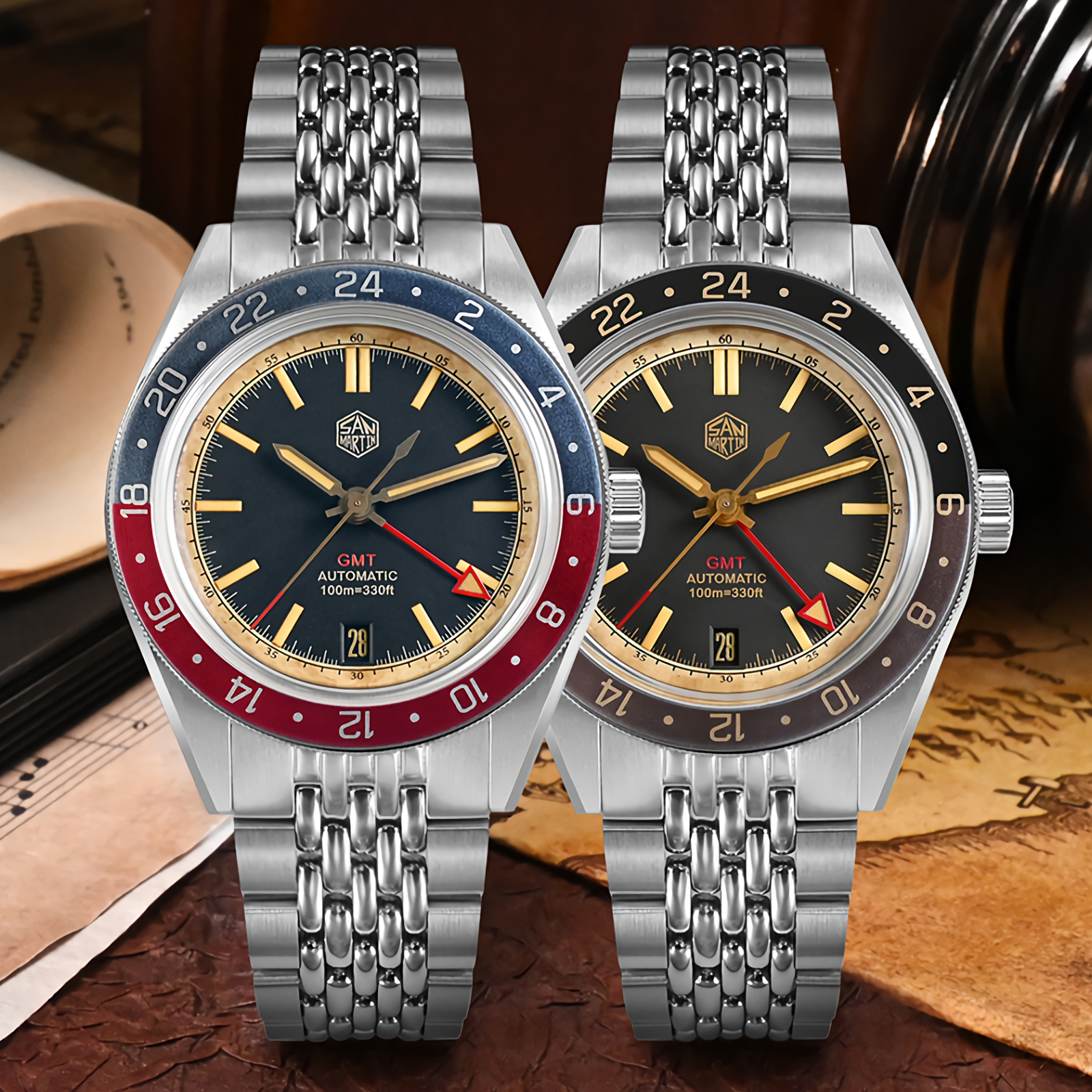 SAN MARTIN SN0116-G V6 GMT Automatic Date Dis Stainless Steel 39.5